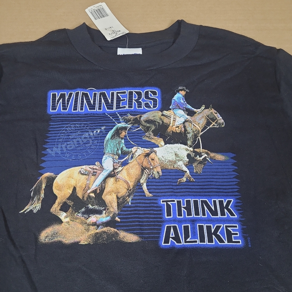 VTG‎ Y2k 2002 WRANGLER Kids XL 14-16  T SHIRT Winners Think Alike Calf Roping - Picture 3 of 11